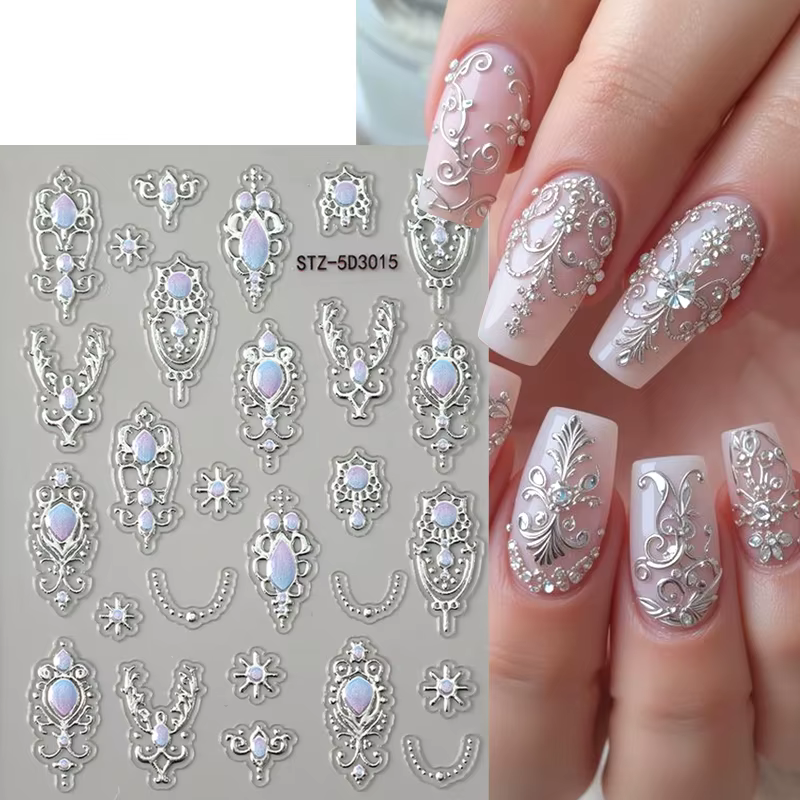Autocollants de luxe en relief pour ongles, Style Baroque doré argenté, Y2K, motif métallique rétro