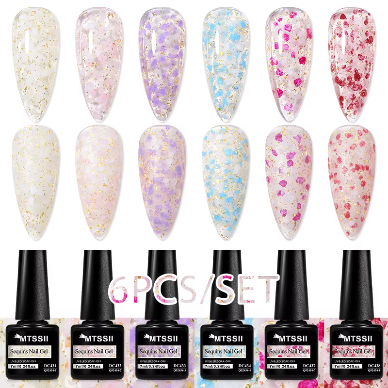 6/8 pièces paillettes fleurs de cerisier Gel vernis à ongles ensemble brillant couleur scintillante 