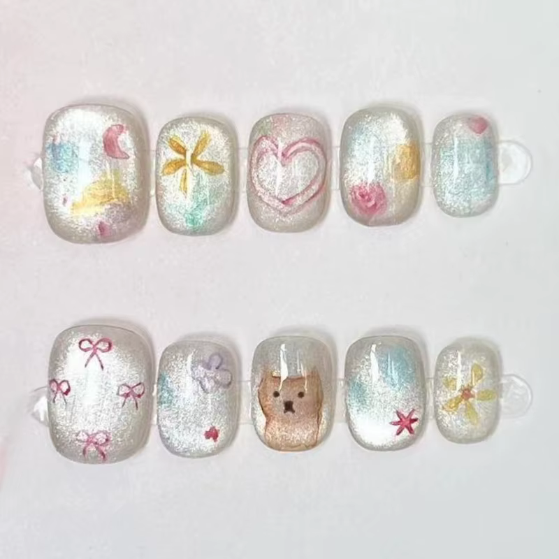 10 pièces mignon court rond à la main faux ongles paillettes coloré 3D doux Cool Art fini ongles pou