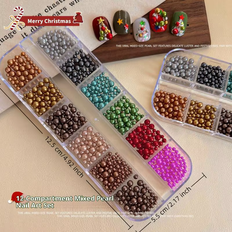 Mélange de perles rondes colorées stéréoscopiques, 12 grilles, décoration des ongles, strass, breloq