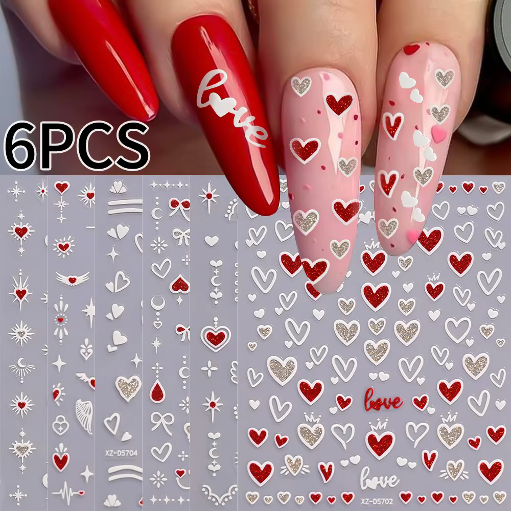 Autocollants pour ongles en forme de cœur, couleurs mélangées 3D, pour la saint-valentin, doux, roug