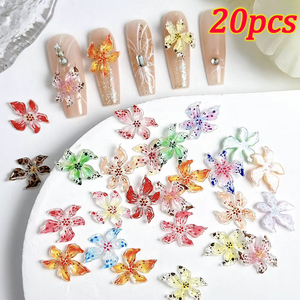 72 pièces/boîte Hawaii Hibiscus Lily Floral Nail Art breloques 3D gelée colorée cristal doux fleur d