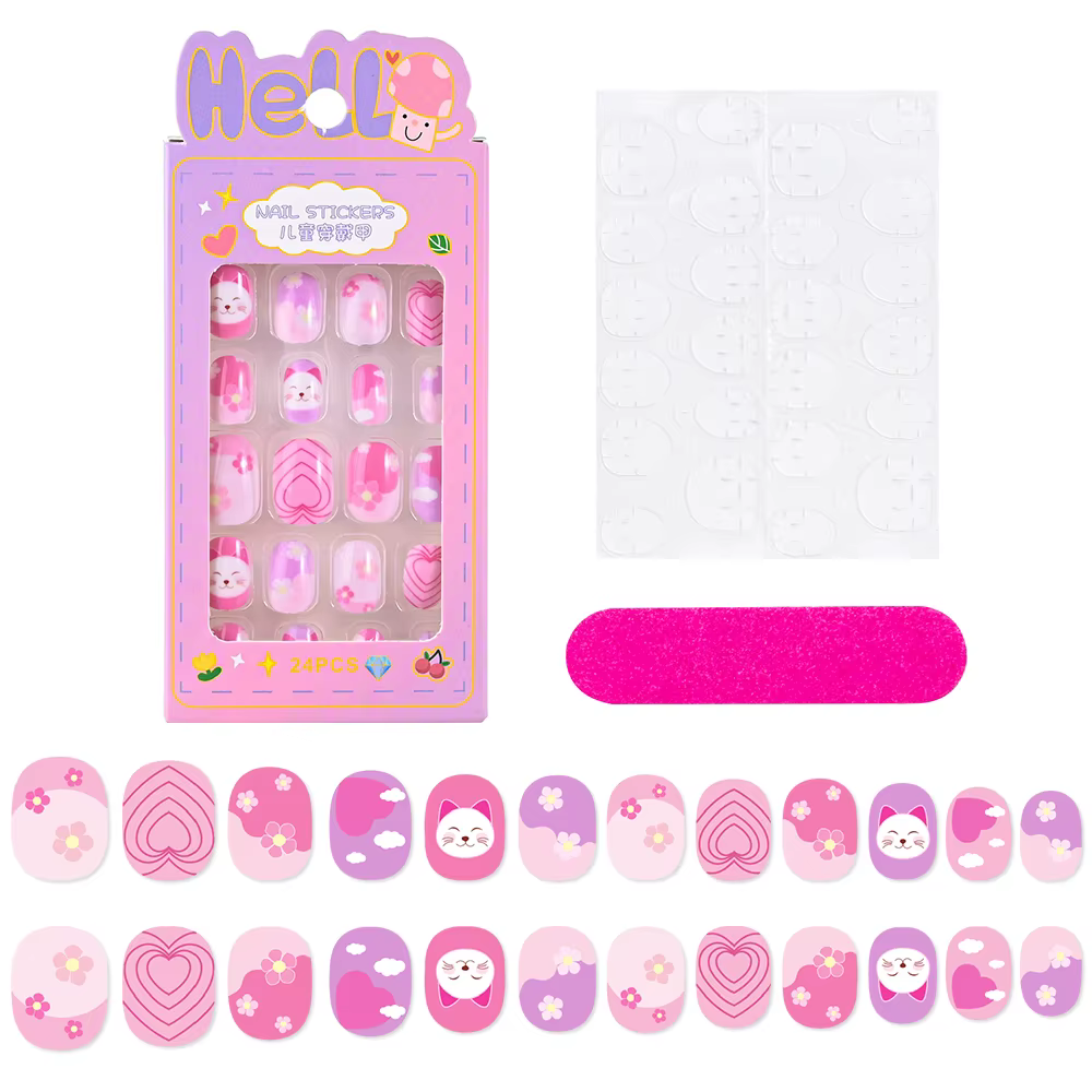 24 pièces/boîte enfants ongles pour fille dessin animé motif faux ongles mignon enfant faux ongles c