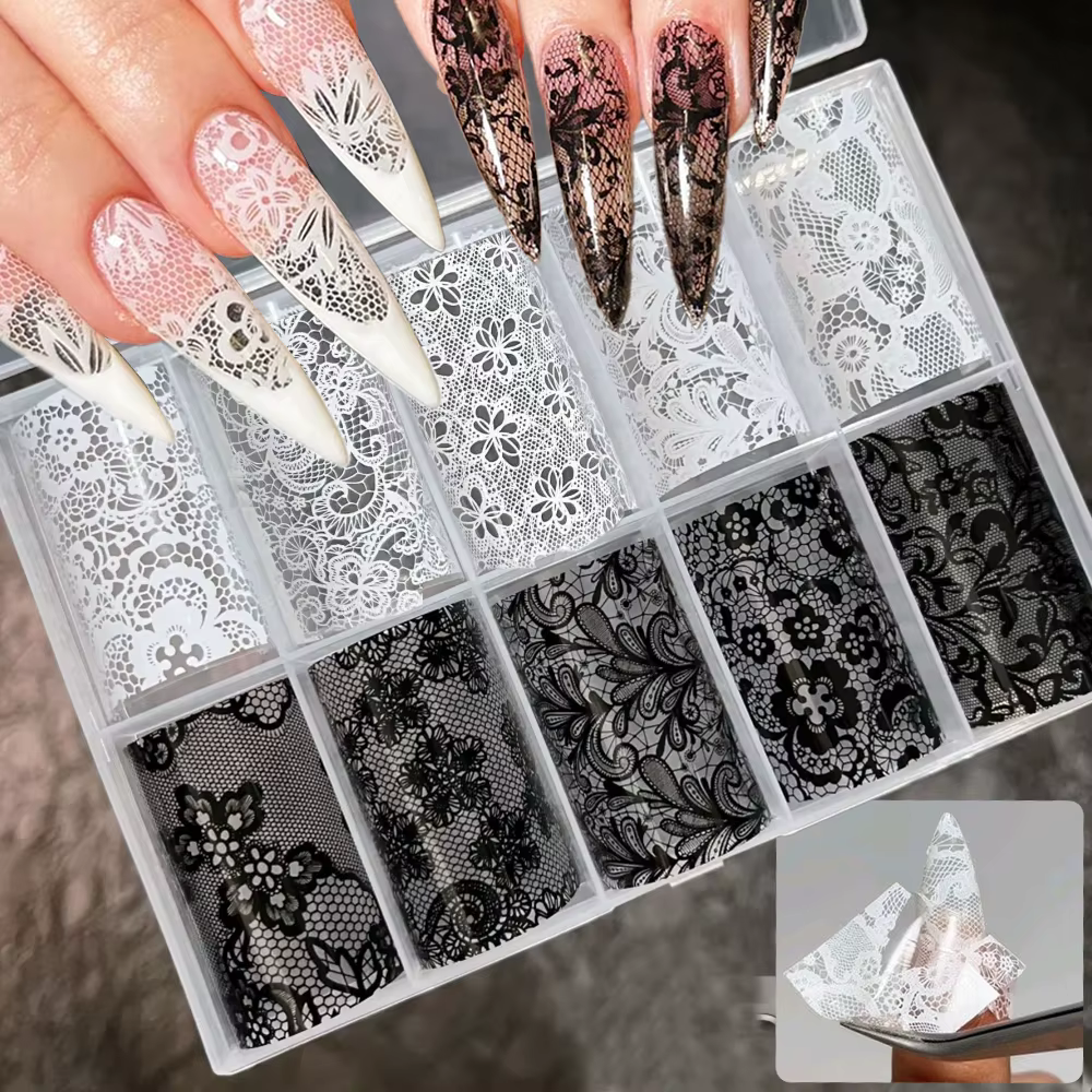 10 rouleaux 4x50CM noir blanc dentelle transfert autocollant pour ongles Sexy fleur dentelle Nail Ar