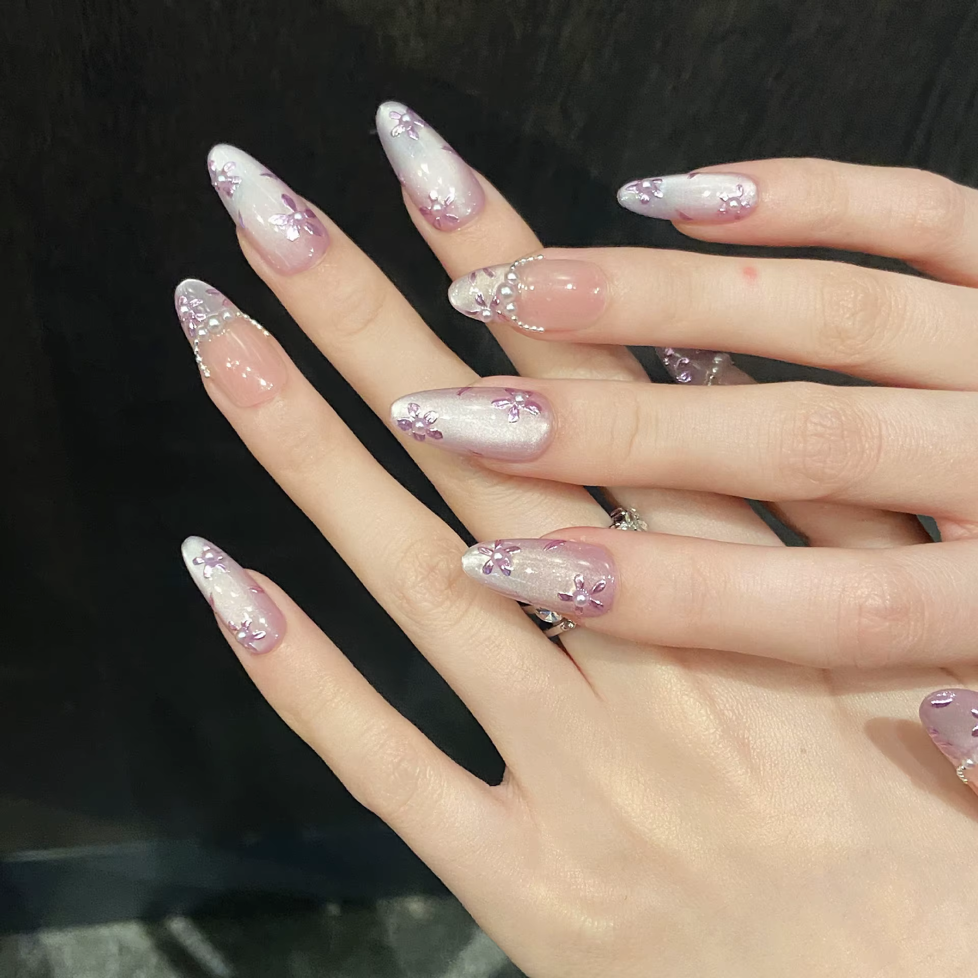 10 pièces à la main violet oeil de chat presse sur les ongles fleurs d'été perle conception faux ong