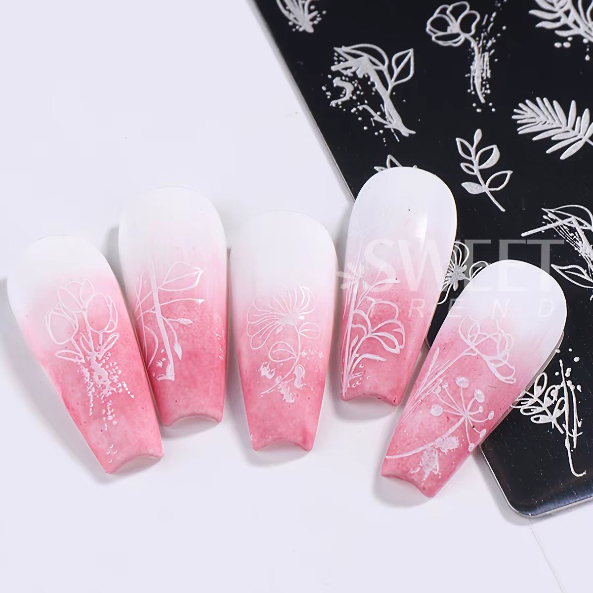 Plaque d'estampage pour Nail Art, feuilles de fleurs simples, cadre Floral papillon, Image géométriq