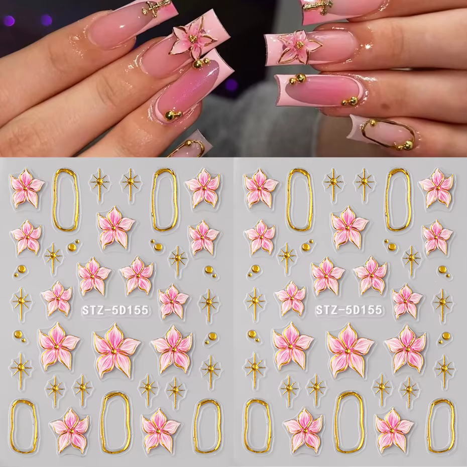 Autocollant pour Nail Art, fleur d'hibiscus en relief, fleur rose avec anneau en métal doré, décalco
