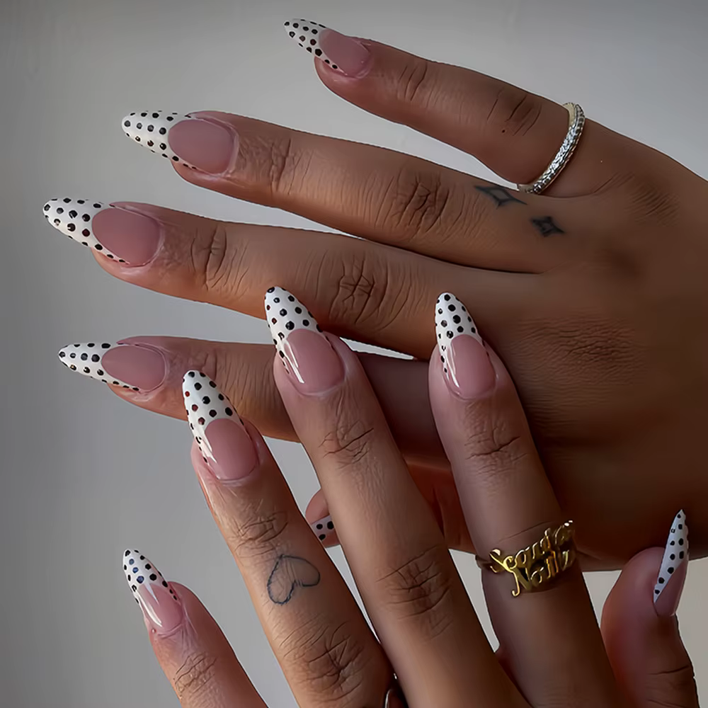 Faux ongles épicés en amande pour filles, 24 pièces, à pression française, à pois/rayons imprimés, b