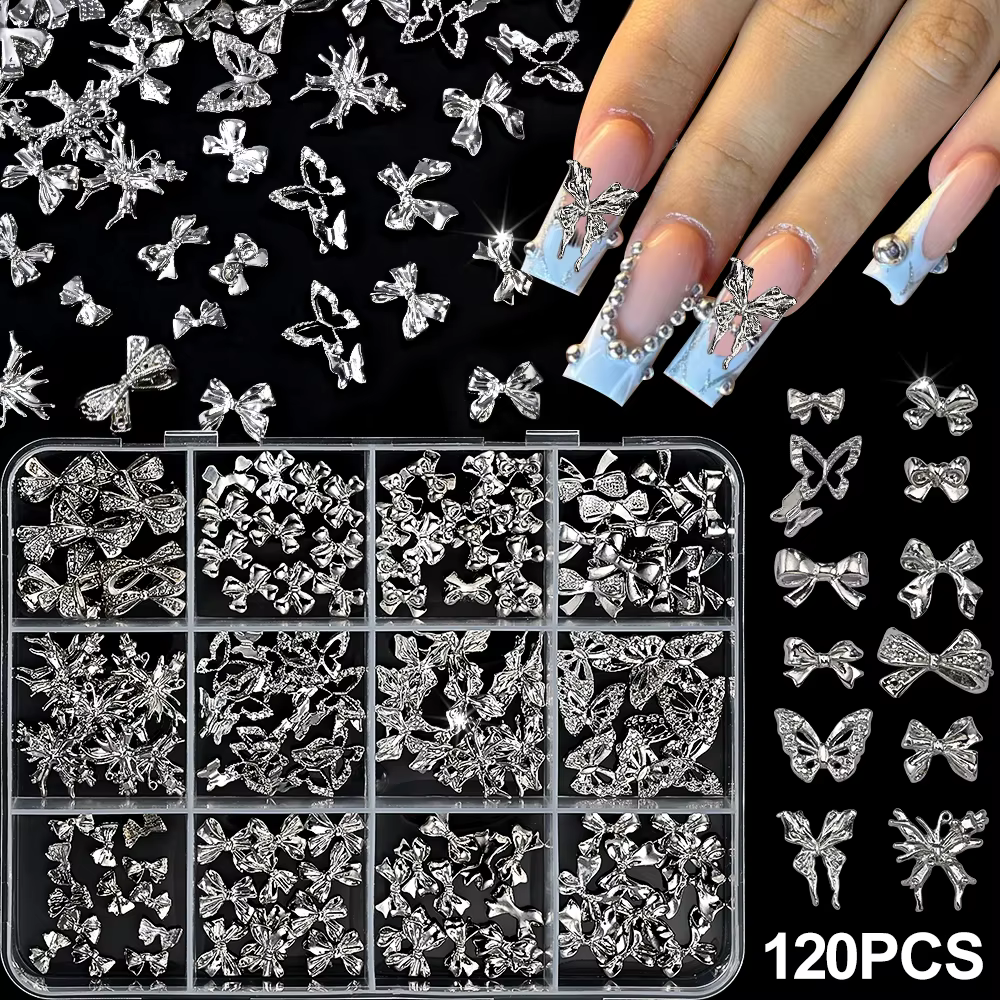 120 pièces/boîte 3D or arc papillon ongles breloques en métal brillant mignon noeud papillon/diamant