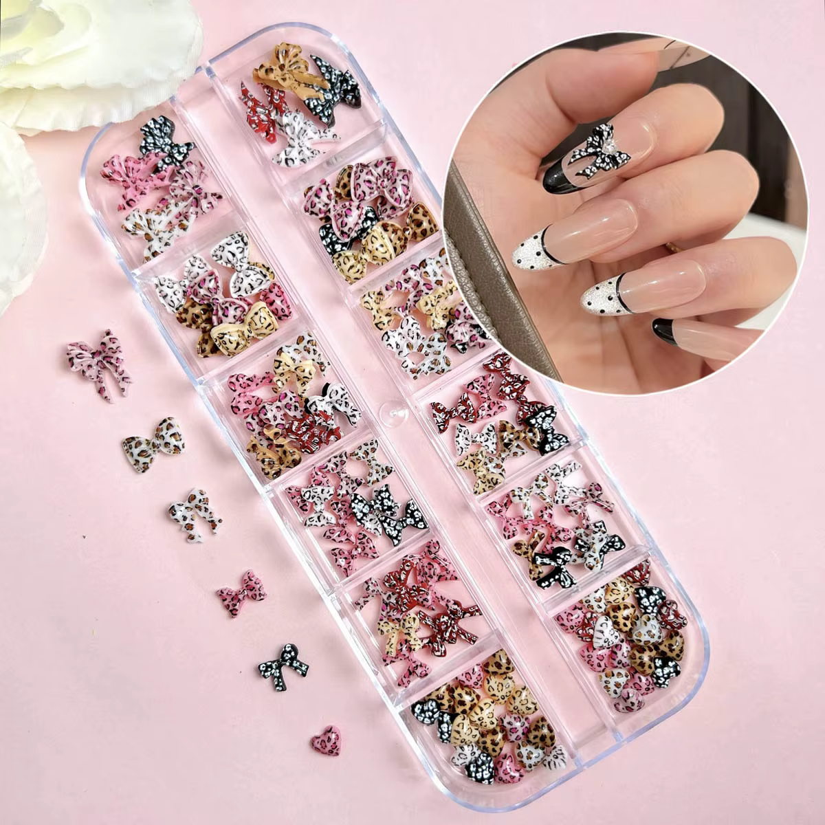 1 boîte vente chaude imprimé léopard ruban arc résine ongles breloques 3D fond plat coloré tacheté c