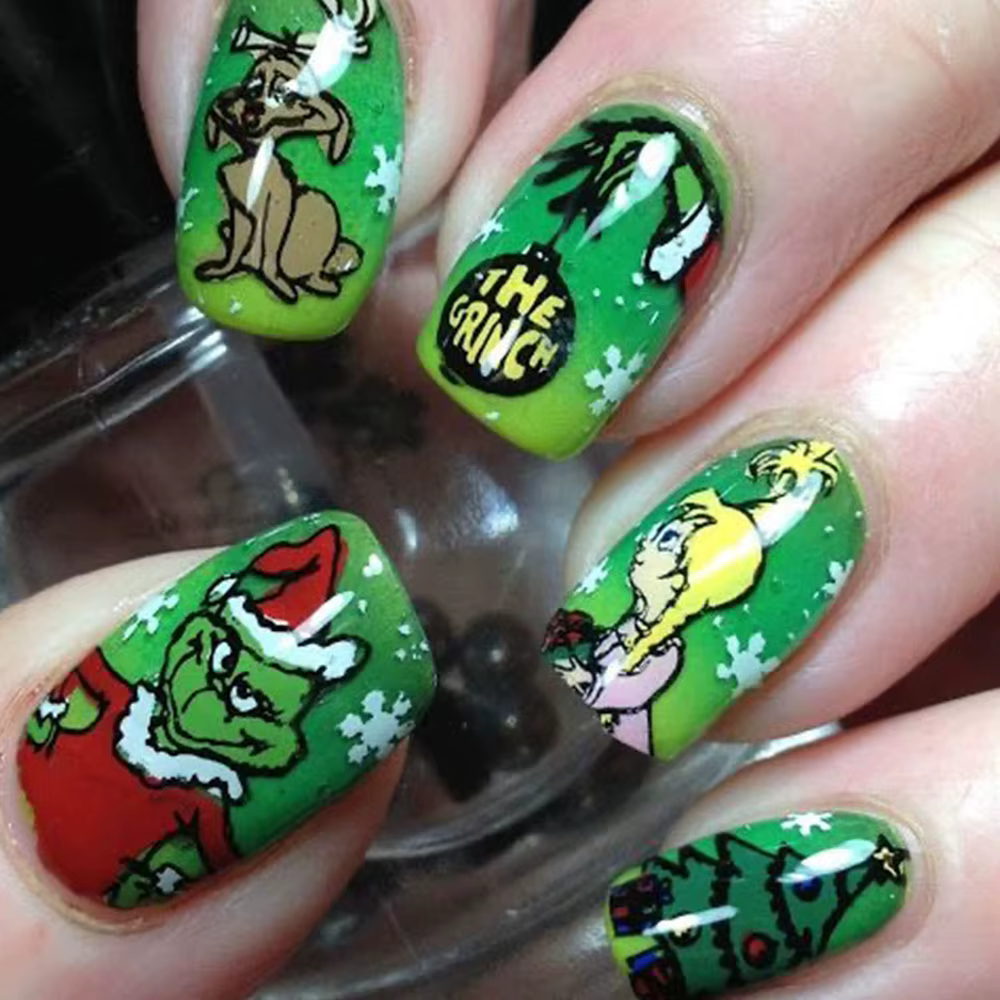 Faux ongles carrés courts à pression de noël monstre vert mignon avec lettres vertes Grinch couvertu