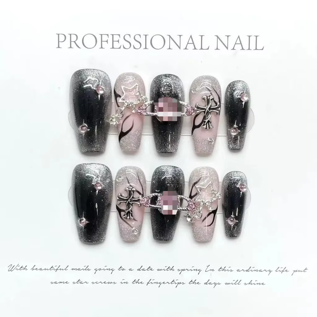 Ongles artificiels scintillants rose diamant, motif planète et flamme, effet œil de chat, réutilisab