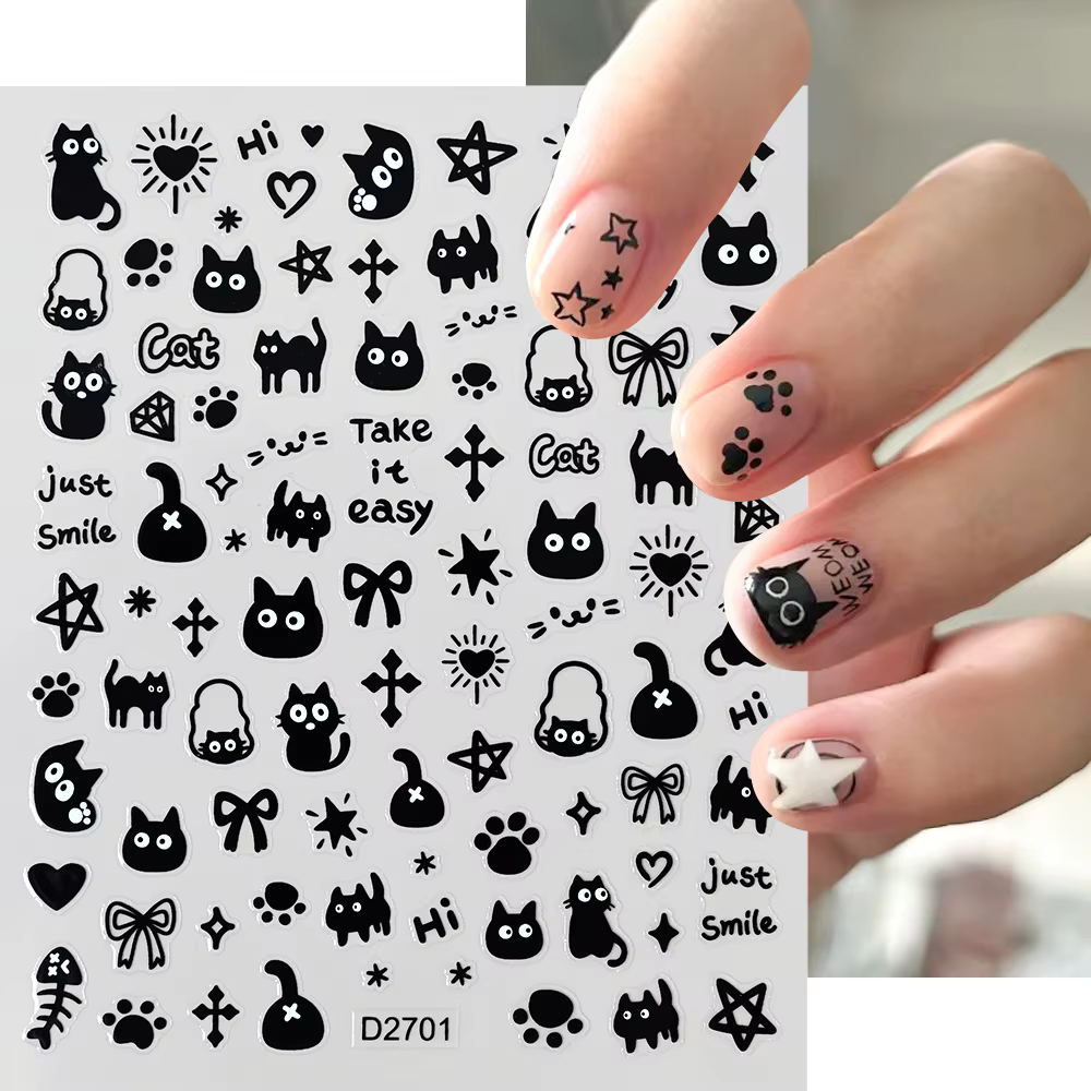 Ensemble d'autocollants pour ongles chat noir, 12 feuilles, dessin animé, Action Multiple, Kawaii, c