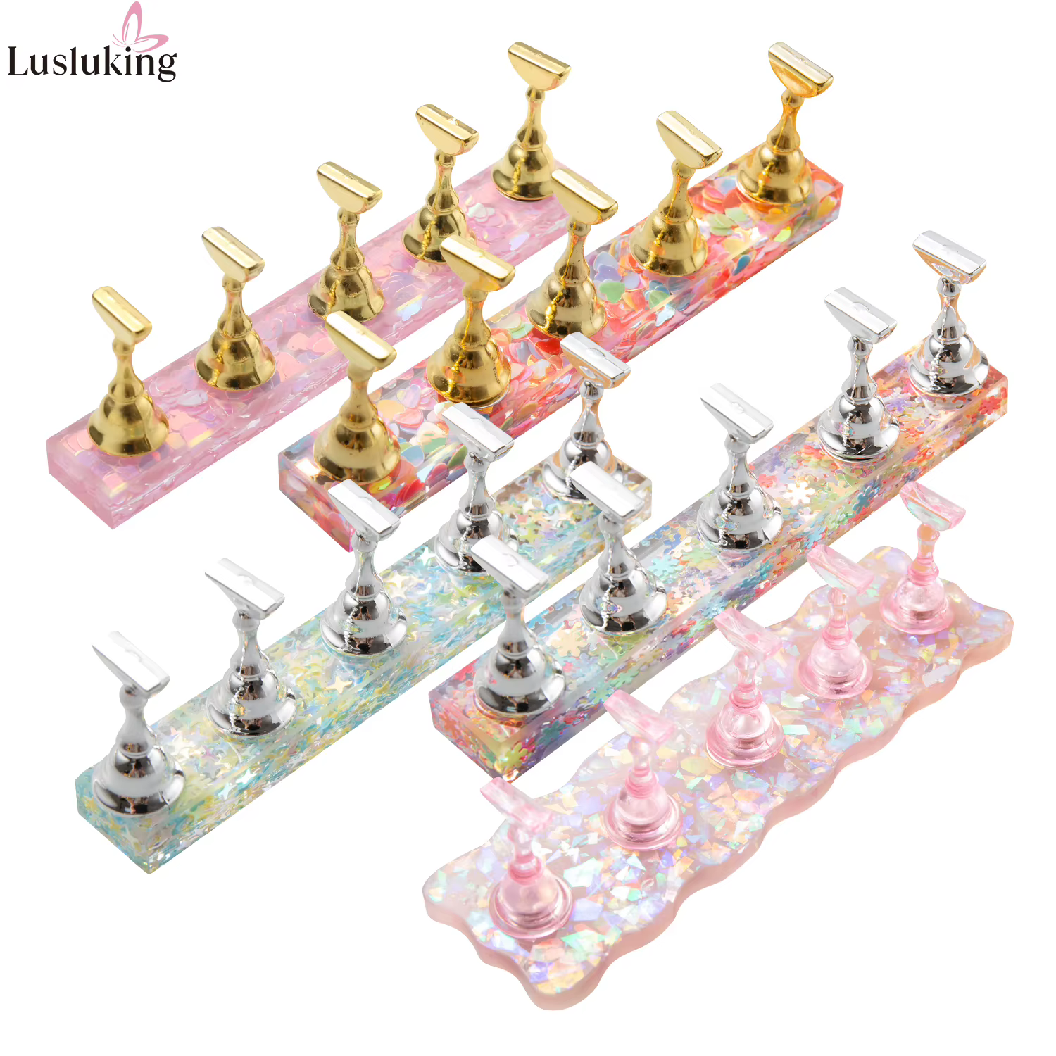 Support magnétique pour ongles en acrylique, motif cœur rose irisé, pour présentation et entraînemen