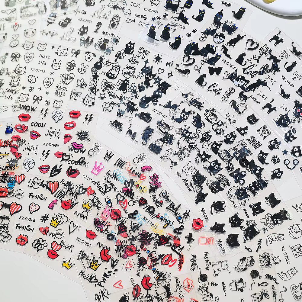 30 pièces/ensemble 3D dessin animé chat Nail Art autocollants noir Graffiti Animal arc étoile coeur 