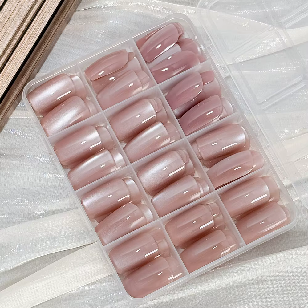 144 pièces/boîte, faux ongles en gel rose nude, effet œil de chat, brillants, courts, tête ronde, fa
