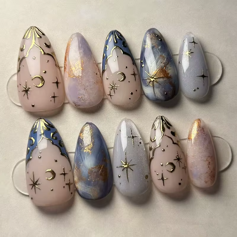 24 pièces rose amande presse sur ongles motif de fleur faux ongles portable ongles à coller faux ong