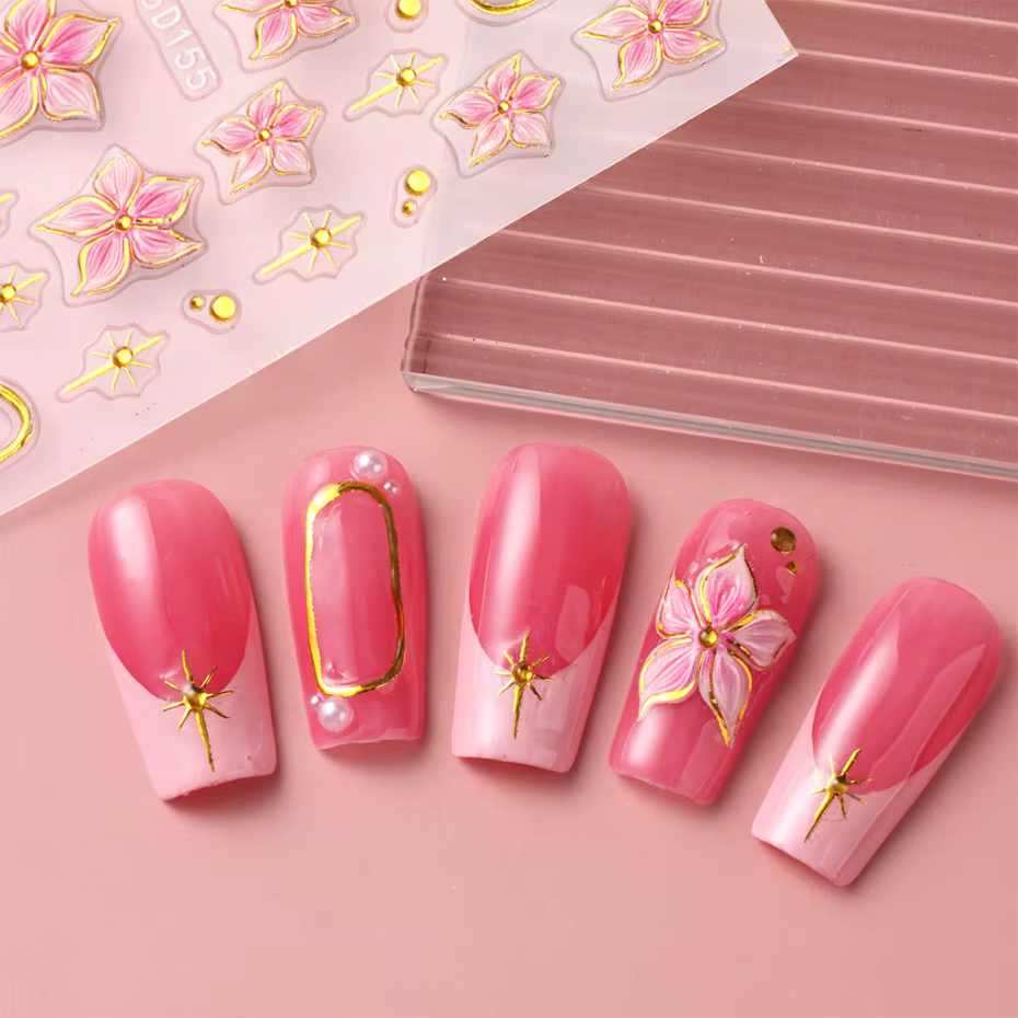 Autocollant pour Nail Art, fleur d'hibiscus en relief, fleur rose avec anneau en métal doré, décalco