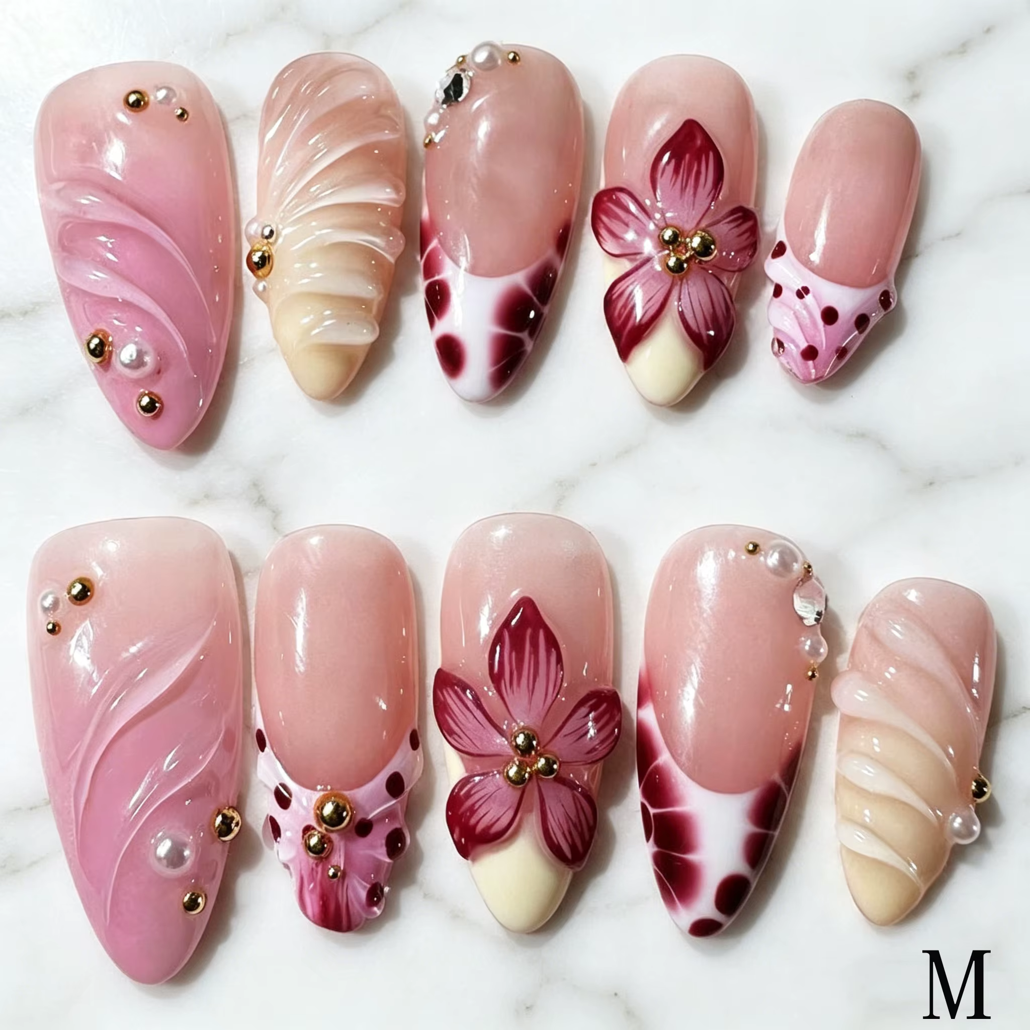 10 pièces/boîte Faux ongles en gel effet coquille ondulée, fleur 3D et strass, forme amande, faits m