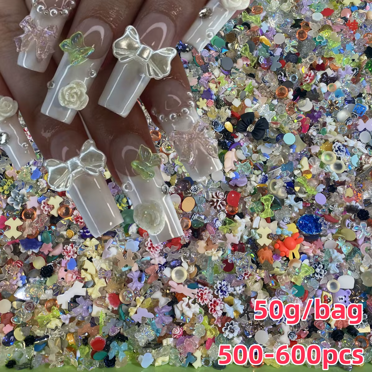 500-600 pièces mixte nœud papillon coeur fleurs breloques pour ongles 3D bonbons couleurs mélangées