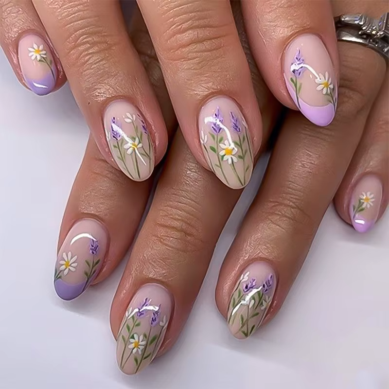 24 pièces printemps été ongles presse Ons fleur français violet faux ongles amande Nail Art conseils