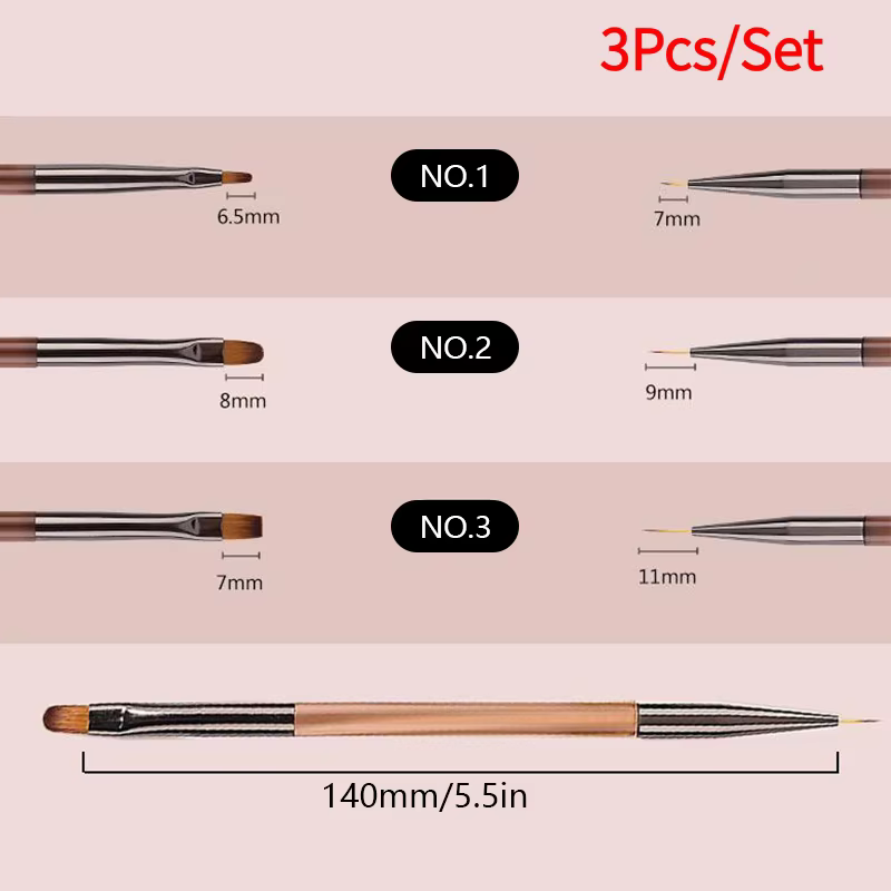 Lot de 3 pinceaux de manucure double usage, pinceau dégradé pour gel, stylo ultra fin pour dessin de