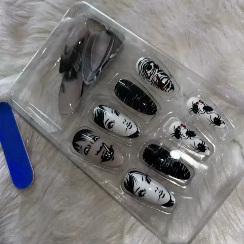 Tomie-Faux Ongles Noir Brcorporelle Réutilisables pour Fille, 24 Pièces, Anime Japonais, Horreur, Ba