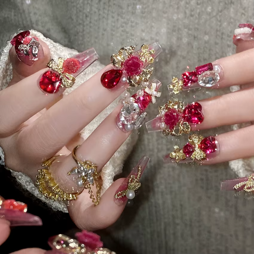 24 pièces nouvel an métal lourd presse sur ongles mariée chinoise mariage faux ongles couverture com