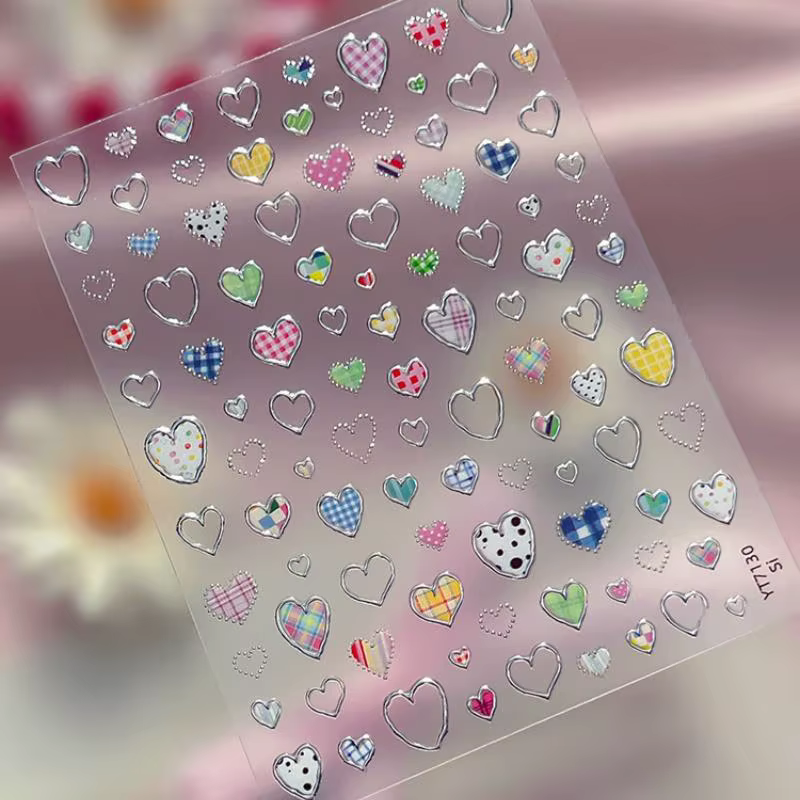 Autocollants pour ongles en forme de cœur, Saint-Valentin, autocollants colorés à carreaux pour l'ar