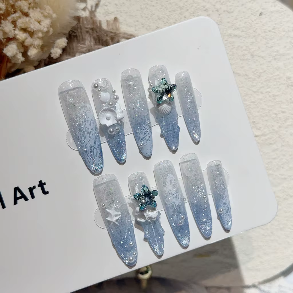 Faux ongles à presser longs et ovales, faits main, thème Sirène Bleu Marine d'été, avec perles, étoi