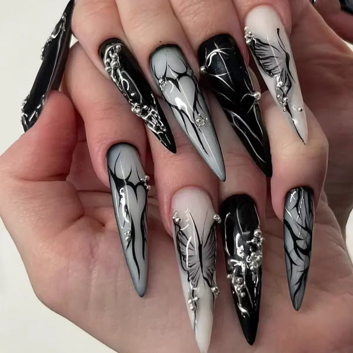 24 pièces faux ongles avec colle amande noir rouge dégradé conception détachable strass acrylique fa