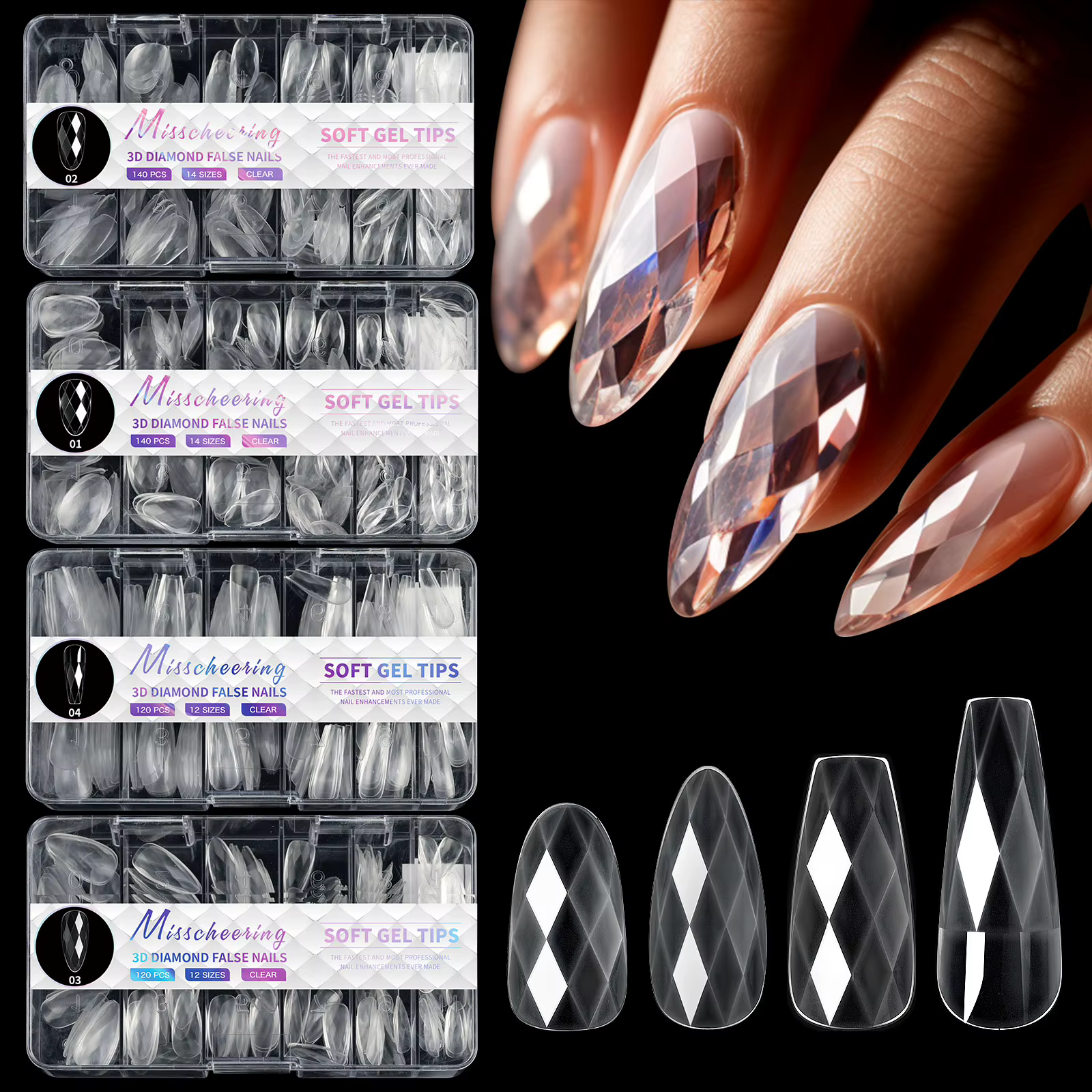 Nouveau 120/140 pièces carré amande cercueil ongles Extension conseils naturel clair couverture comp