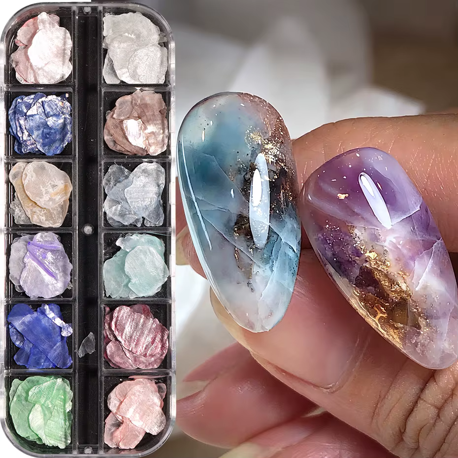 12 compartiments de paillettes pour nail art en forme de coquillages, tranches fines irisées de coqu