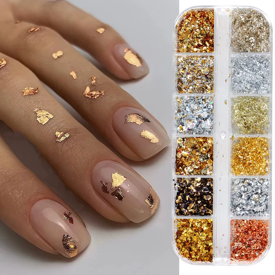 Feuilles d'or pour ongles magnifiques, 12 couleurs, paillettes aléatoires, flocons d'aluminium, puce
