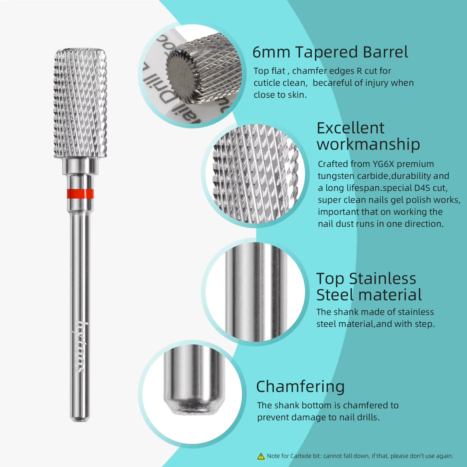 HYTOOS Fraise à ongles en carbure anti-poussière de 13 mm, embout droit 3/32 pour manucure électriqu