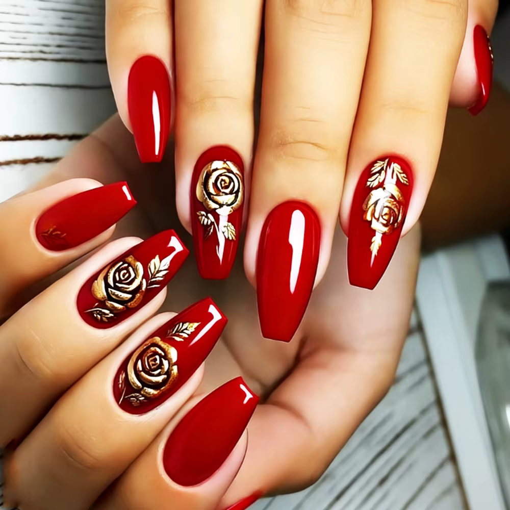 Faux ongles mi-longs pour femmes, dorure dorée, fleurs roses, bleu, rouge, carré, couverture complèt