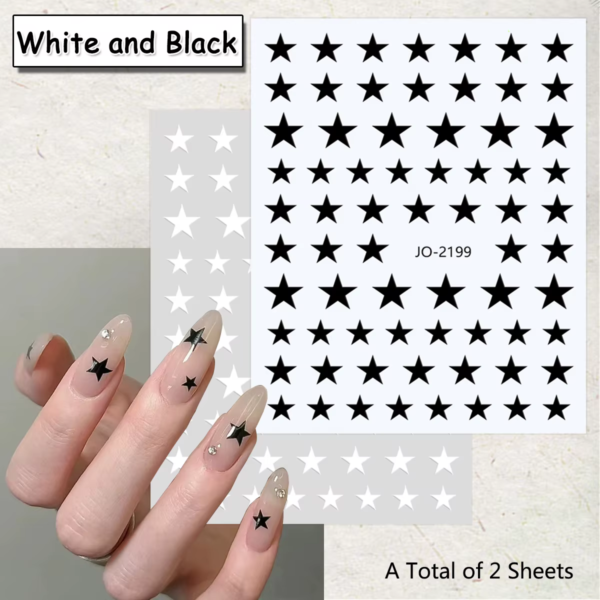 Autocollants pour ongles étoiles noires et blanches, 2 feuilles, motif étoile minimaliste, décalcoma