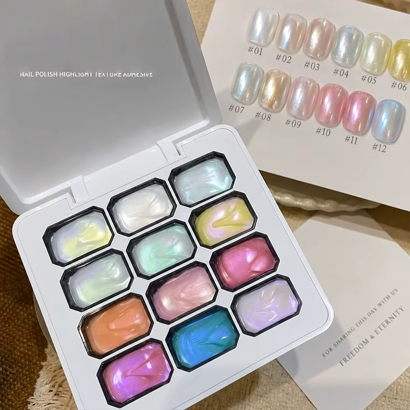 Gel à ongles acrylique effet aurore 12 couleurs, texture haute brillance, pour nail art DIY 3D en re