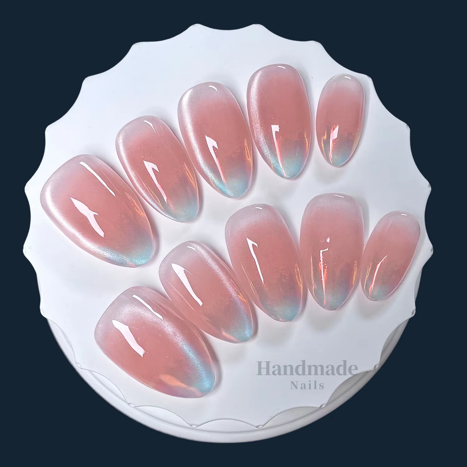 10 faux ongles faits à la main, rose nude dégradé aurora, forme ovale, style doux, portables et réut