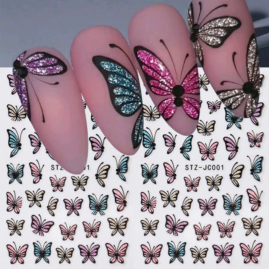 Autocollants pour ongles papillon à paillettes, décalcomanies, breloque 3D, Design bleu brillant ros