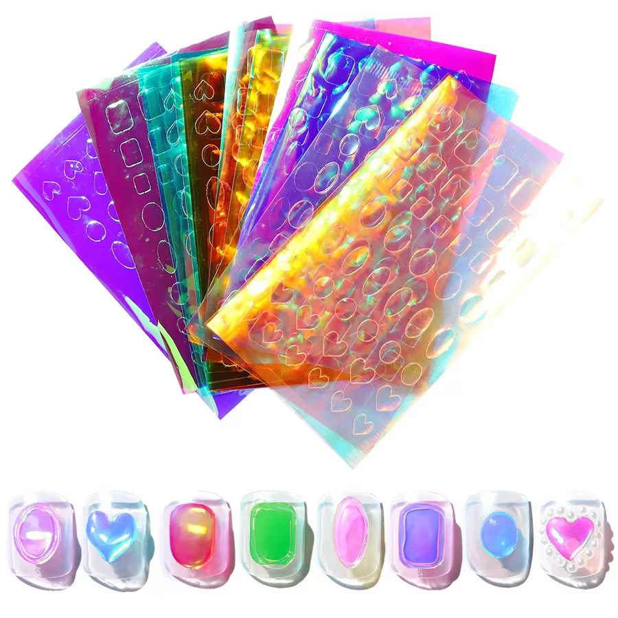 11 feuilles d'autocollants en verre de glace Aurora pour Nail Art, grandes décalcomanies holographiq