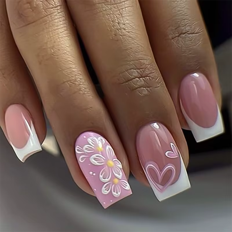 24 pièces tête carrée courte presse sur faux ongles français Simple faux ongles Art avec feuilles bl