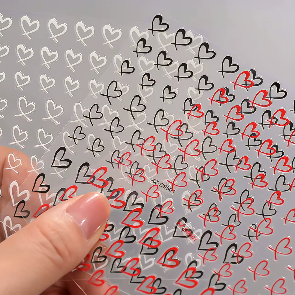 Autocollants pour ongles 3D français, 8 couleurs, cœur d'amour, creux, chérie, adhésifs, décalcomani
