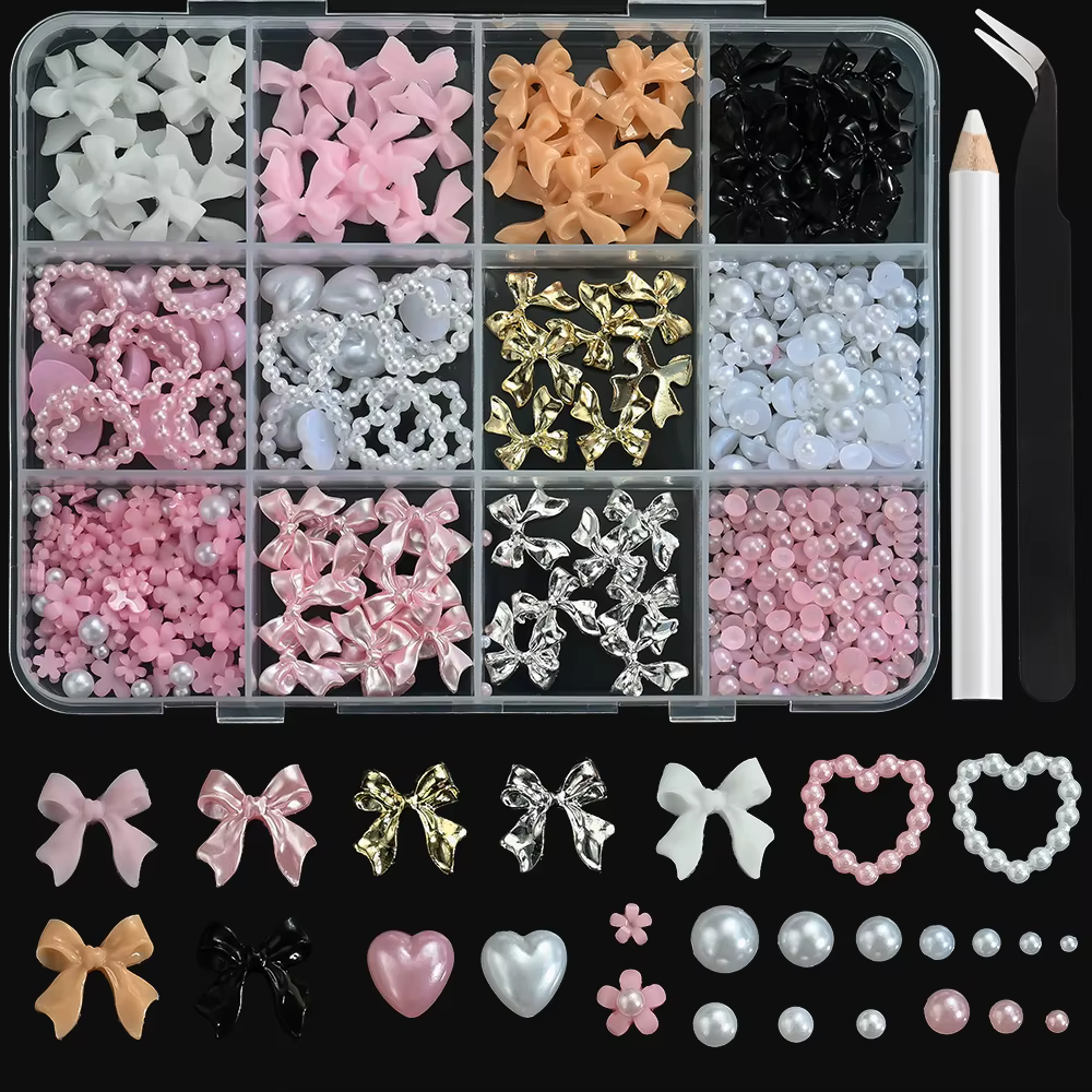 12 grilles 3D ruban multicolore fleur Nail Art breloques simulés pétales amour, nœud papillon en mét