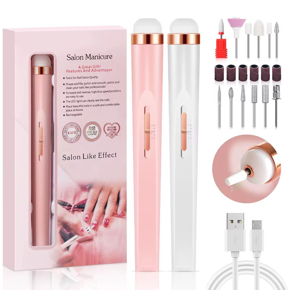 YIKOOLIN-Ensemble de limes à ongles portables, lumière LED réglable, 4 vitesses avec 12 mèches de fo