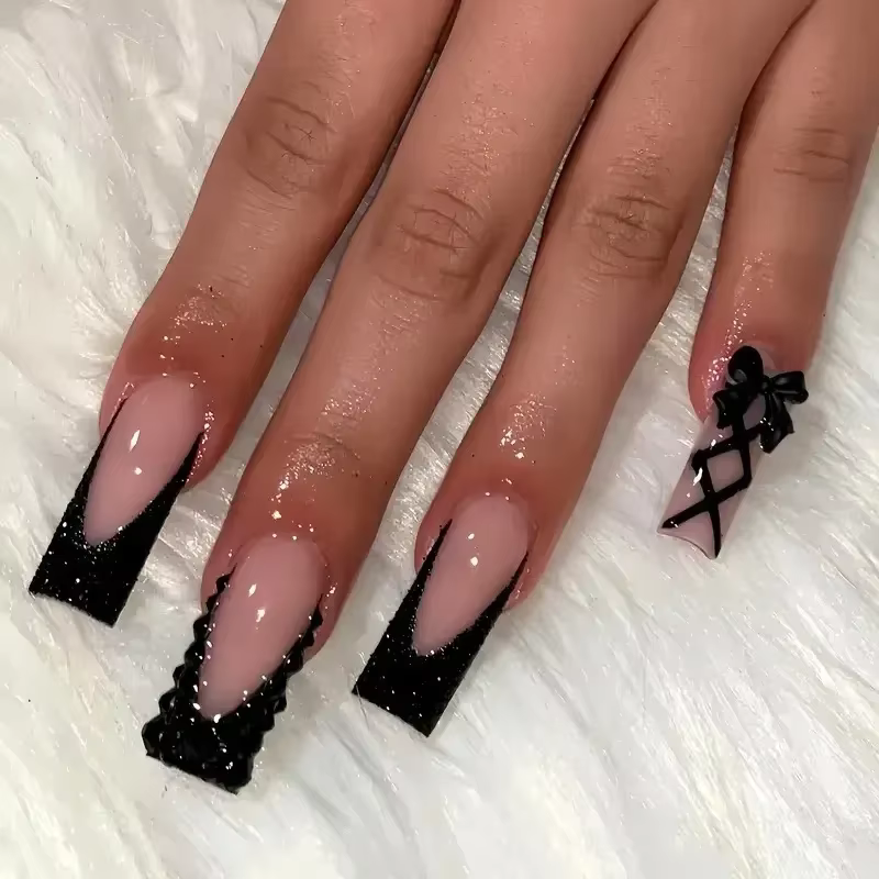 Faux ongles français longs en forme de cercueil, avec nœud de colle, bâton de diamant sur presse sur