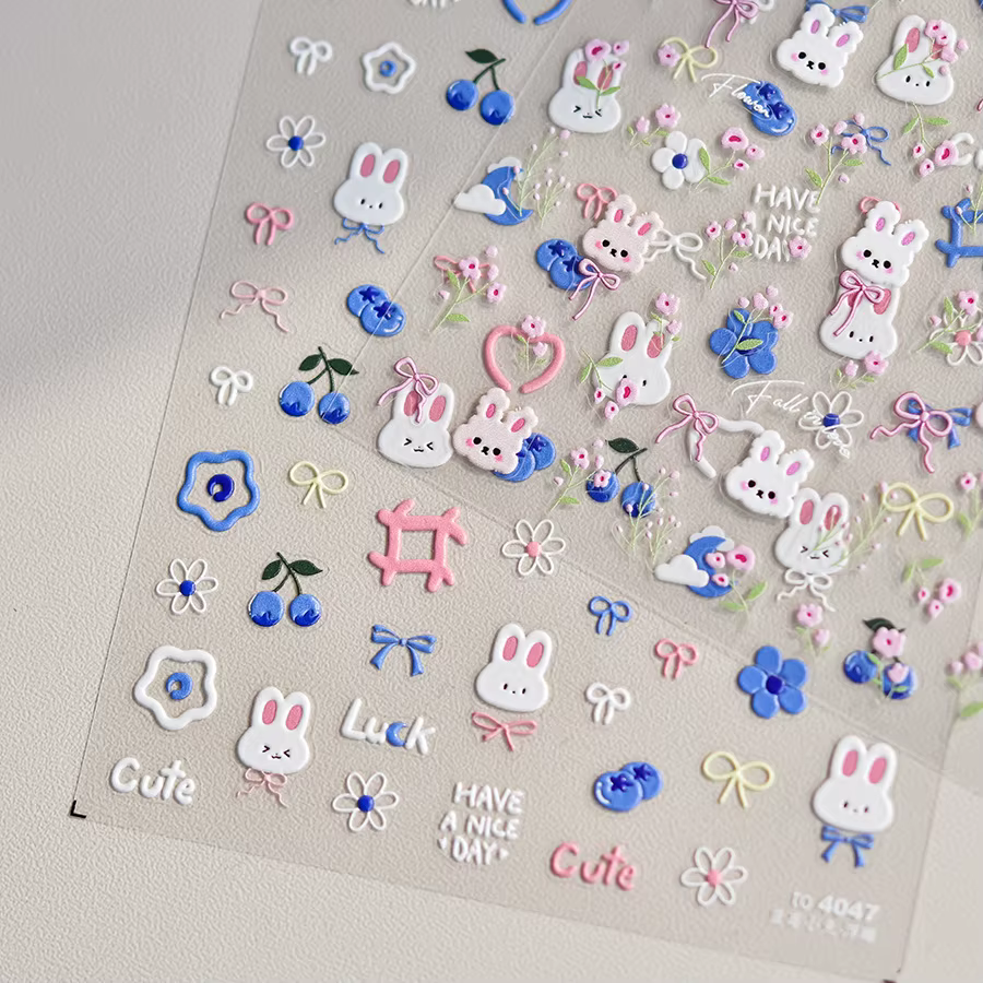 Autocollants pour ongles lapin 5D Kawaii, 1 pièce, dessin animé japonais, fleur rose bleue, adhésif,