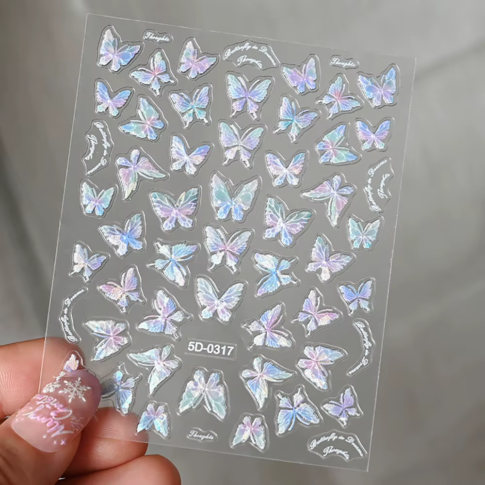 Autocollants pour ongles papillon, coquille d'aurore rose violet, Laser brillant 3D, décalcomanies p