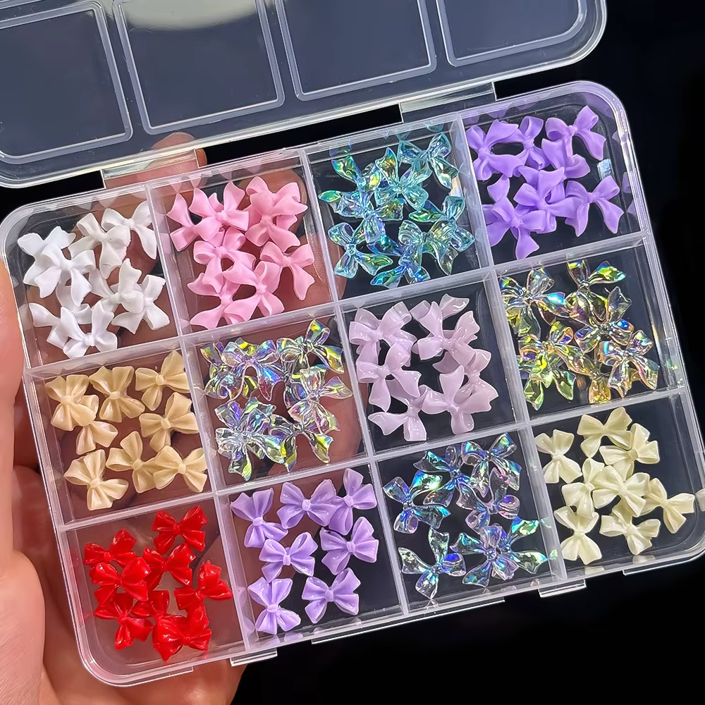 Breloques pour ongles en résine rouge, 12 grilles, nœud mixte 3D, fraise, perle, cœur d'amour, Nail