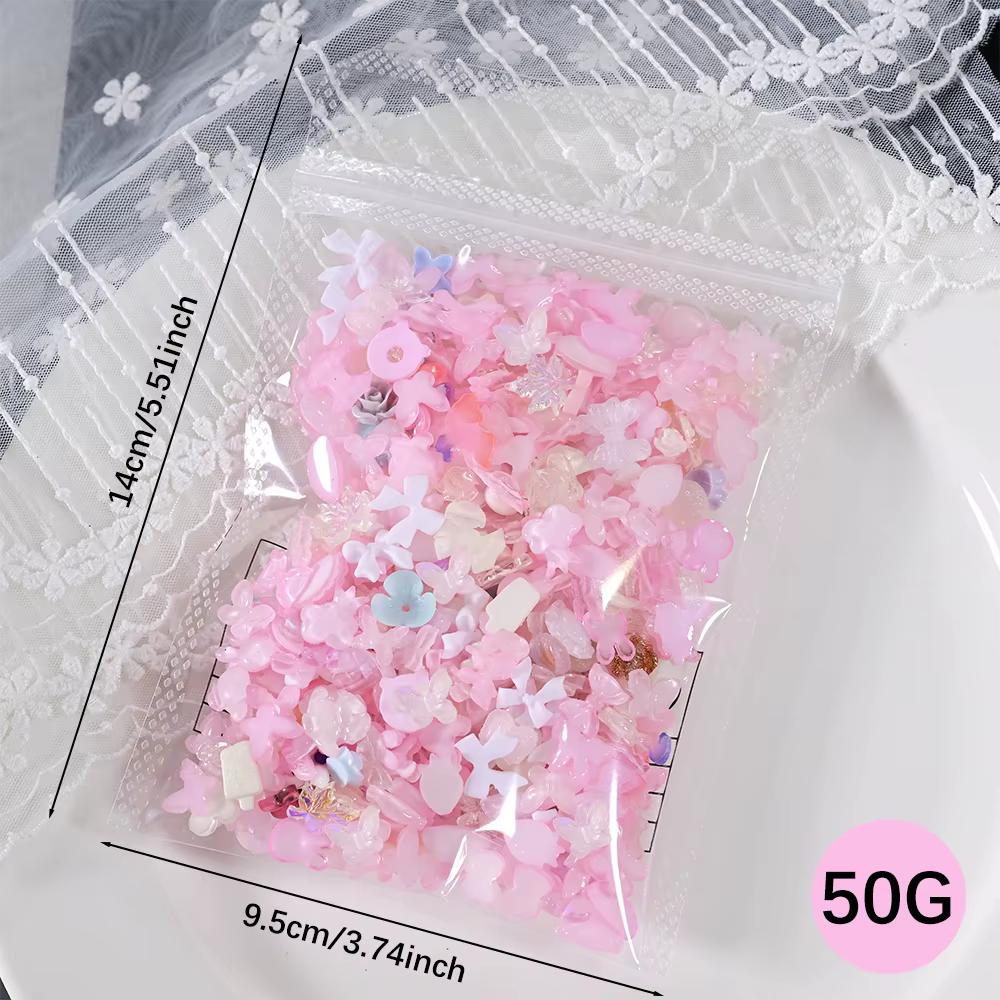 50 g/sac aléatoire bleu mixte arc/fleur Nail Art breloques 500-600 pièces résine camélia/Bowknot ong